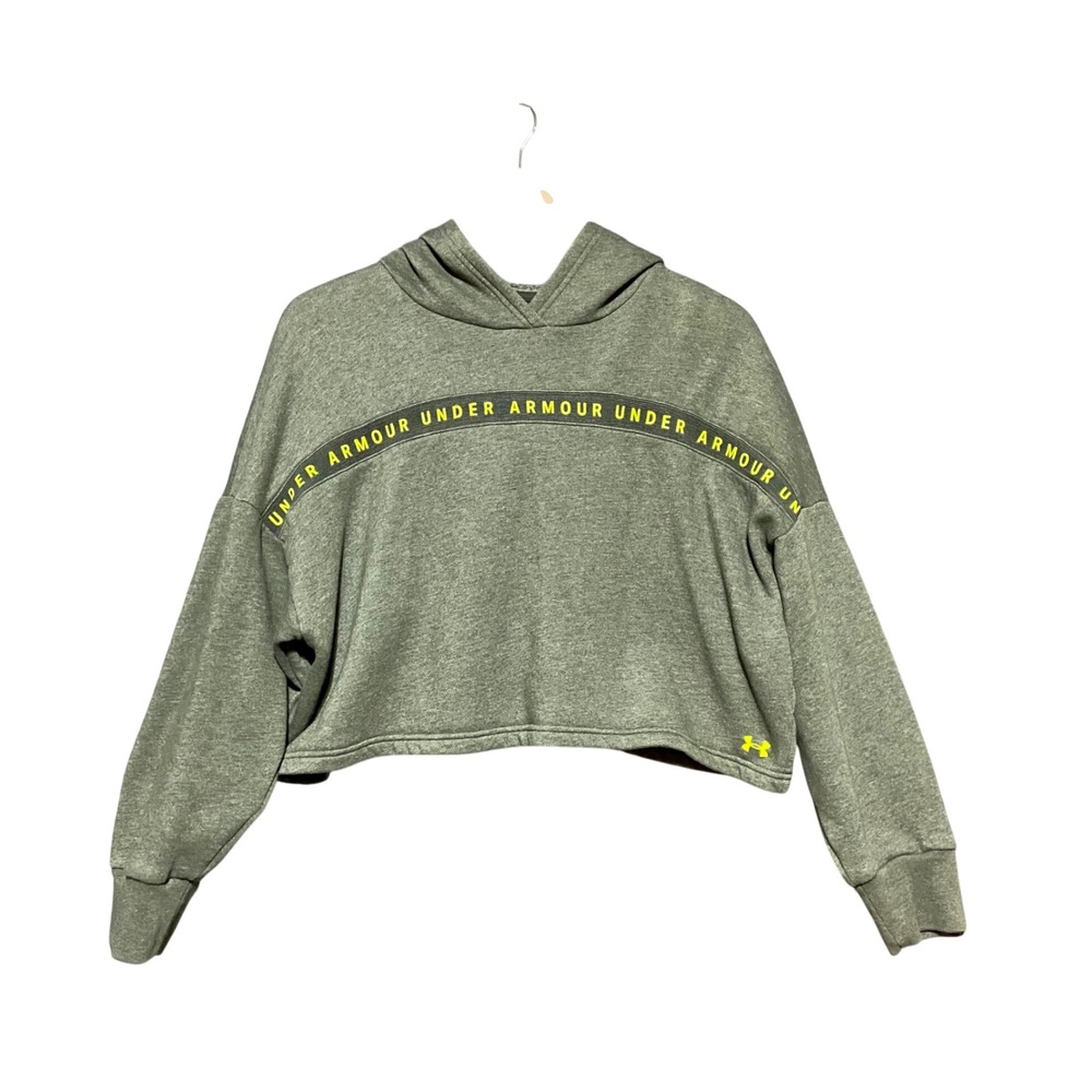 Under Armour Womens Cropped Hoodie Heather Olive Green Neon Logo Loose Small